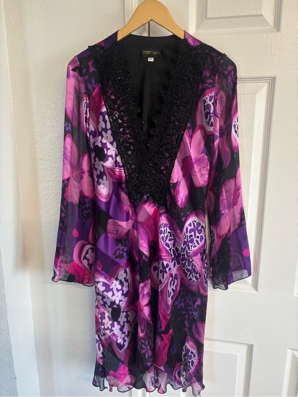 Mary L. Couture Silk Ruffle Trim Purple Floral Beaded Dress